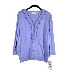 Alfred Dunner Sequin Knit Sweater M Purple Cardigan Boho Western Preppy Classic